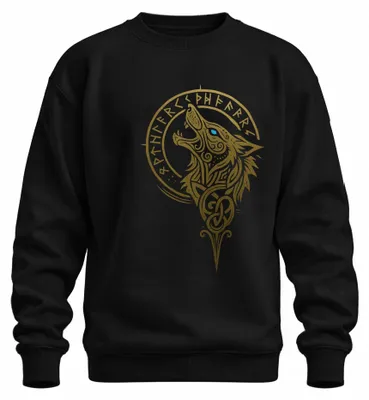 Imagen del producto de Sudadera uni con cuello redondo, diseño de lobo vikingo, motivos nórdicos de Fenrir, runas, cabeza de lobo, estilo celta, color dorado, color , talla XXL