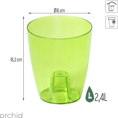 A transparent green orchid pot with dimensions and volume indicated.