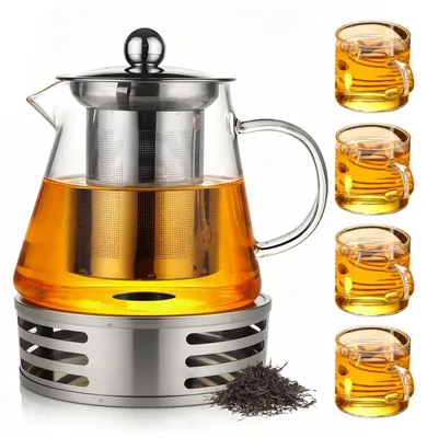 Teekanne 1300 ml Borosilikatglas mit Teesieb und 4 Tassen