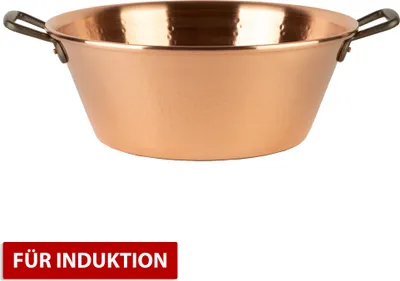 A copper pot with handles, shown from a slightly elevated front-facing angle against a white background. A red rectangular overlay with white text is visible at the bottom.