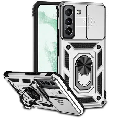 Immagine prodotto di Custodia per Samsung Galaxy S23 a doppio strato con copertura scorrevole della fotocamera e supporto ad anello Argento