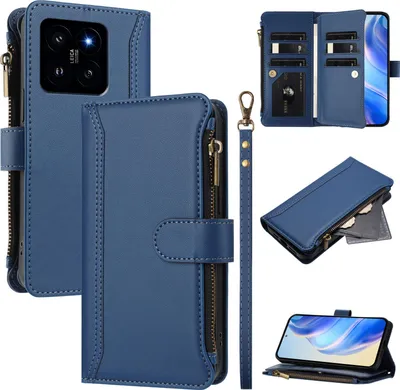 Image de Etui pour Xiaomi 14, zippé, étui portefeuille en cuirPolyuréthaneavec pochettes pour cartes, support et dragonne bleu