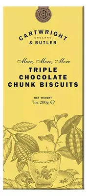 Produktbild von Triple Chocolate Chunk Biscuits, Gebäck mit dreierlei Schokolade, 200 g, Cartwright & Butler, England