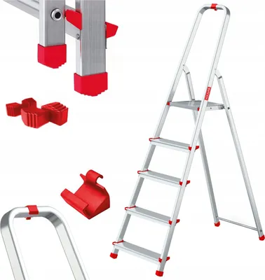 Immagine prodotto di Baulich | Scala domestica in alluminio - 5 gradini - Carico massimo 125 kg - Pieghevole - Set ganci e fermi in omaggio
