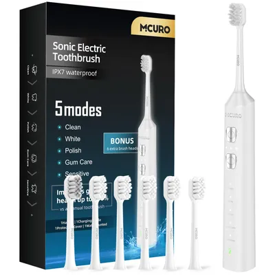 Produktbild von MCURO Elektrische Schallzahnbürste, wiederaufladbar, 10 Std. Ladezeit für bis zu 180 Tage Nutzung, 5 Putzmodi, Timer, 6 Bürstenköpfe, Weiß