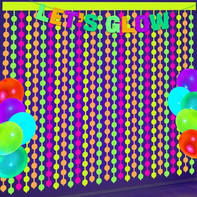 Produktbild von Neon-Party-Dekoration – 2 Stück fluoreszierende Folien-Lametta-Vorhänge