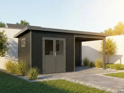 Produktbild von Linholm WPC Gartenhaus Gerätehaus Linia 5628 mit Anbaudach und Rückwand, BxT 600x330 cm