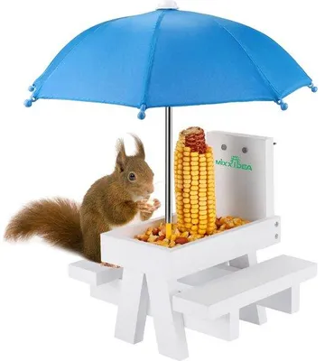 Productafbeelding van Houten picknicktafel voor eekhoorns, blauw, met parasol en 2 bankjes