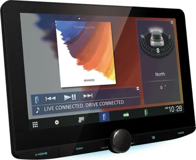 A digital multimedia receiver with a large touchscreen display showing various interface elements like music playback controls, navigation, and time.