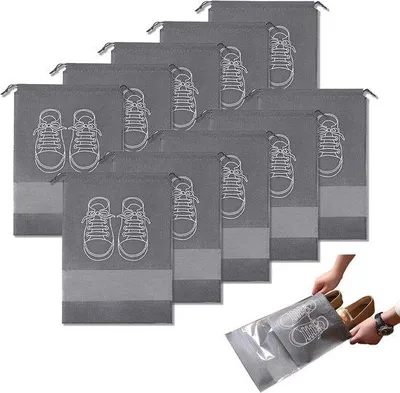 Produktbild von Famanu Schuhentaschen 10 Stück - 32 x 44 cm, grau, tragbare, nicht-gewebte Taschen mit Zugband und transparentem Fenster