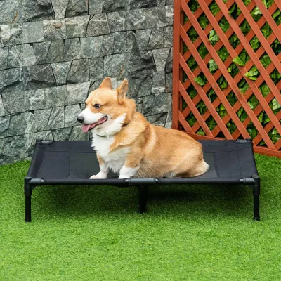 Produktbild von Outdoor Hundebett klappbar, Hundeliege atmungsaktiv, Metallrahmen 600D Oxford Texteline, Schwarz | 92 x 76 x 18 cm | bis 30 kg | erhöht & faltbar