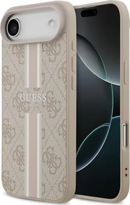 A close-up of a phone case with a repeating logo pattern and stripes, placed next to a smartphone.