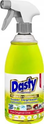 A bottle of Dasty Super Degreaser spray with a lemon scent.