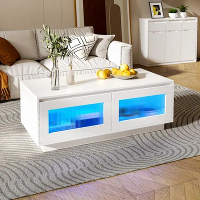 Produktbild von Radelldar Couchtisch LED-Beleuchtung matt, Wohnzimmertisch Sofatisch mit 2 Ablagefächern, 108x50x40cm, Weiß