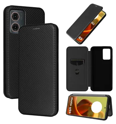A collage of images showing a black carbon fiber texture flip phone case for a Motorola Moto G85.