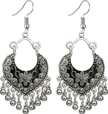 Produktbild von Böhmische Frauen-Blumen-Glocken-Quasten-Emaille-Haken-Ohrringe, Party-Bankett-Schmuck-Silber + Schwarz
