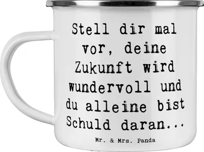 Produktbild von Mr. & Mrs. Panda Kaffeepott Spruch Mutig zu sich selbst stehen - Weiß - Geschenk, Outdoor Becher, Potenzial, Zuversicht, Trost, Blechtasse, Pott, Mutmacher, metallbecher