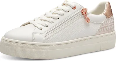 A single white sneaker with rose gold accents is shown from a side-diagonal view against a white background.