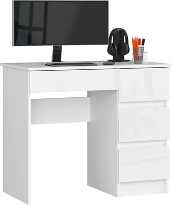 Produktbild von Computerschreibtisch – Schreibtisch – Bürotisch – Büroschreibtisch – 90 cm – Weiß / Hochglanz – Kompakter Computertisch mit 4 Schubladen rechts