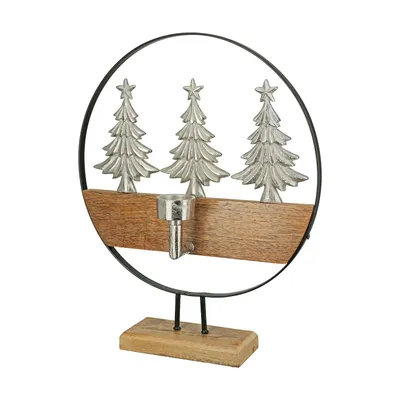 Immagine prodotto di GILDE: Candeliere decorativo natalizio in legno, con motivo di alberi di abete realizzati in alluminio