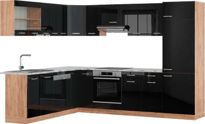 Produktbild von Eckküche Vicco R-Line Schwarz Hochglanz/Goldkraft Eiche 287 x 60 cm , AP Marmor, Model 42984