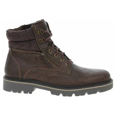 A single brown leather boot with a zipper and laces, shown from the side against a white background.