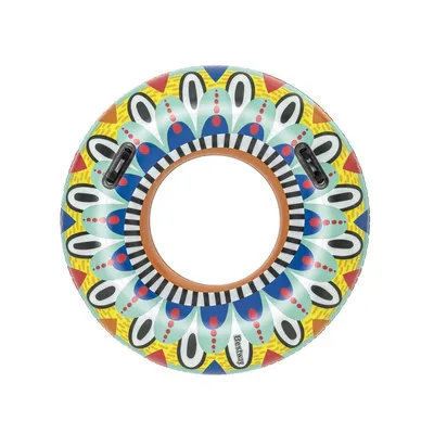 Produktbild von Bestway Schwimmring Flirty Fiesta Azteken-Design, Ø 107 cm, aus strapazierfähigem PVC mit Sicherheitsventil, robusten Haltegriffen und Reparaturflicken, 100 kg Tragkraft, ab 12 Jahren