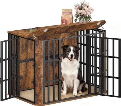 Produktbild von Hundekäfig Möbel, Hochbelastbar Hundebox aus Holz für den Innenbereich mit Futtertür Oben, Mehrtür-Design, Großer Hundekäfig-Beistelltisch, 108 x 66 x 77 cm, Vintage Braun DFC87801B