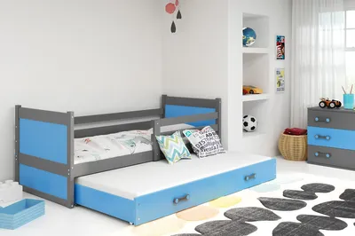 Obrázek produktu pro Dětská postel s přistýlkou bez matrací 90x200 FERGUS - grafit / modrá