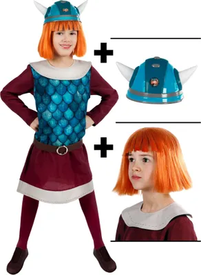 A child wearing a Viking costume, with additional images of the helmet and wig.