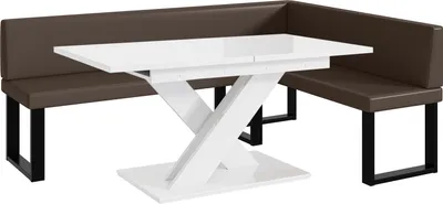Produktbild von MEBLINI Eckbank für Esszimmer mit ausziehbarem Tisch  - Küchenbank - Essecke - Sitzecke Küche - TONI - U-Beine 142x196x87cm Rechts - Braun Kunstleder/B Weiß Hochgl.