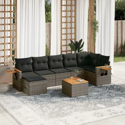 Produktbild von Design 8-tlg. Garten-Sofagarnitur mit Kissen Grau Poly Rattan, Gartenmöbel-Sets 2024 Neu