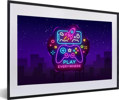 Produktbild von MuchoWow® Gerahmtes Poster Gaming - Neon - Spielen - Blau - Nacht - Controller 60x40 cm - Poster mit Schwarzem Bilderrahmen Wandposter Rahmen Foto Bilder - Schlafzimmer - Plakat in Rahmen - Drucken