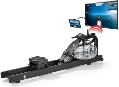 Produktbild von FitEngine Rudergerät Rudermaschine Wasserwiderstand Smart schwarz 210x50x60cm Wasser-Rudergerät Ruderzugmaschine Display LCD Heimtrainer Holz