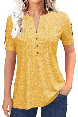 Produktbild von Damen-T-Shirt, Knopfleiste, V-Ausschnitt, einfarbiges Freizeittop