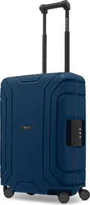 A navy blue trolley suitcase with a telescopic handle and a combination lock.