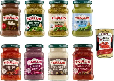 Produktbild von Tigullio Pasta Saucen Set 8 x 190 g Oliven Kapern Gran Pesto alla Genovese ohne Knoblauch cremig Peperoni Nüsse Radicchio Speck Ricotta Trüffel Pistazien Mix + Italian Gourmet polpa