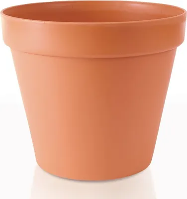 A terracotta-colored plant pot is shown against a white background.