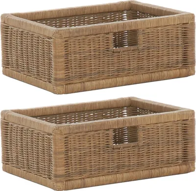 Produktbild von KRINES HOME Stabiles Set / 2 Regalkorb mit Holzrahmen Schubfach aus echtem Rattan / Schübe Box zur Aufbewahrung Regalkorb Schrankkorb Griff (Braun - Hell, Set 42x32x17)