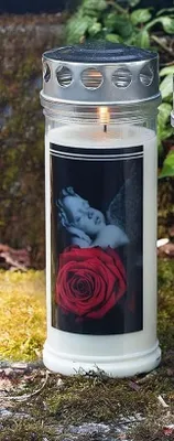 Produktbild von Grabkerze Wochenbrenner mit Deckel und Motiv Auswahl, 7 Tage Brenndauer, Rose/Engel 6 Stück