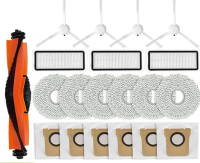 A collection of cleaning accessories for a robot vacuum cleaner, including brushes, filters, and mop pads.