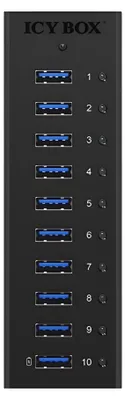 Produktbild von ICY BOX IB-AC6110, 10 Port USB 3.2 Gen 1 Hub, inkl. Ladeport, Aluminium Gehäuse mit Netzteil, USB 3.2 Gen 1 (3.1 Gen 1) Type-B, USB 3.2 Gen 1 (3.1 Gen 1) Type-A, 5000 Mbit/s, Schwarz, Aluminium, China