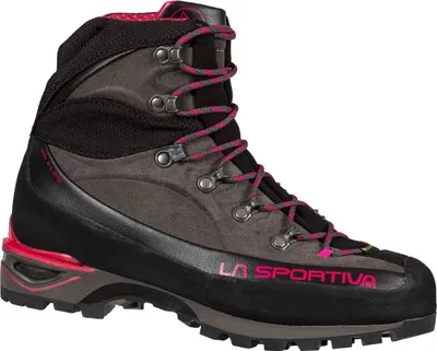 Damen-Bergschuhe "Trango Alp Evo Woman Gtx" von La Sportiva in Schwarz mit pinken Akzenten und Schnürung.