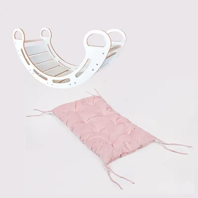 Produktbild von Montessori-Holzschaukel für Kinder Babylike+Kissen, Kletterbogen Bogenwippe Kletterleiter Kinder, Geschenk für Baby Rosa