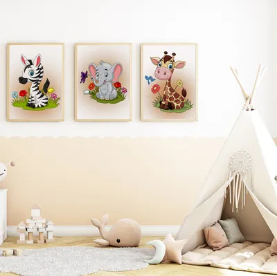Produktbild von Safari Tiere Zebra Elefant Giraffe Bilder 3er Set DIN A4 Kinderzimmer Wandbilder Babyzimmer Poster Dekoration