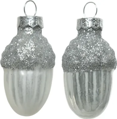 Produktbild von Christbaumschmuck Eicheln 4cm Glas 12 Stück - Winterweiß / Silber