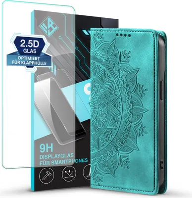 Produktbild von Mandala Handyhülle für Samsung Galaxy A26 5G RFID Schutz Klapphülle Case Cover Design Schutzhülle mit 9H Displayglas Farbe: Türkis
