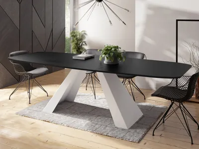 Produktbild von Esstisch Monte Weiß im Modern Stil, Rechteckiger Tisch - Ausziehbar von 180 cm bis 220 cm, Pulverbeschichtete Weiße Metallbeine - 180 x 90 cm - Schwarz