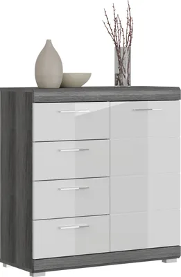 A modern dresser with a gray wood-grain finish on the sides and a white high-gloss finish on the drawers and doors. It is decorated with a vase of branches and a decorative bowl.