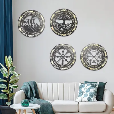 Productafbeelding van Decoration Scandinavian Mythology Rune Compass Tree of Life Wall Decoration Wood Living Room Home Wall Decoration Yellow 4 Pieces